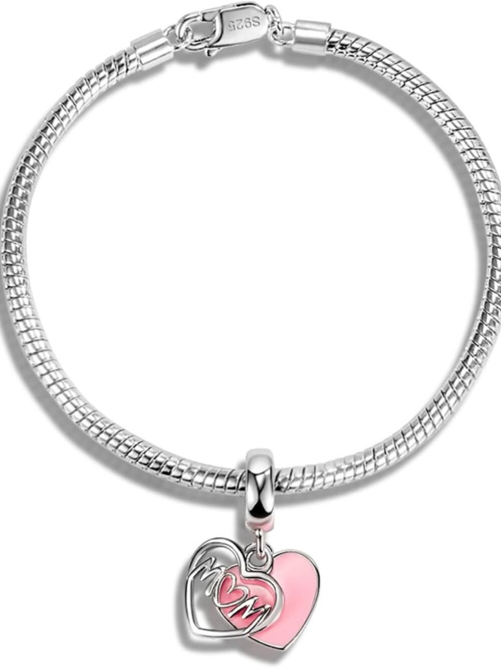 Sterling Silver Snake Chain Bracelet with Heart Pendant - Adjustable 6.3-9''